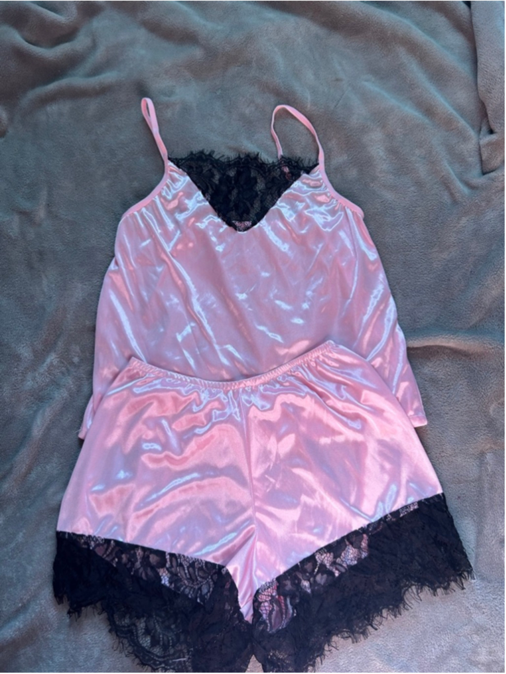Women's Unbranded Pink & Black Satin Lace Pajama Set M